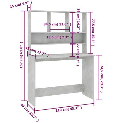 vidaXL Bureau avec étagères Gris béton 110 x 45 x 157 cm Aggloméré