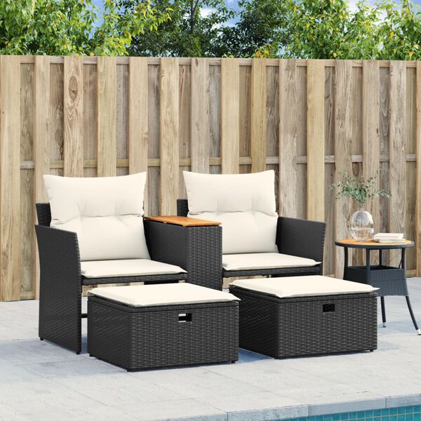 vidaXL Canap&eacute; de jardin 2 places avec tabourets noir r&eacute;sine tress&eacute;e