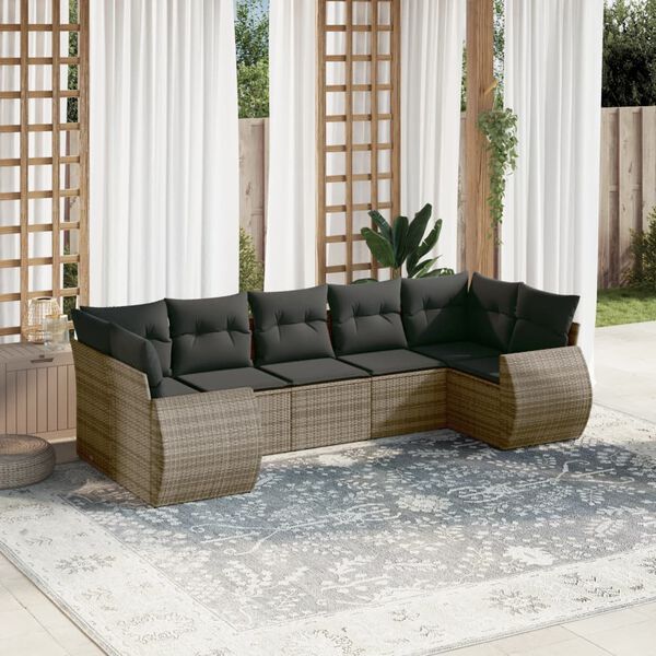 vidaXL Salon de jardin avec coussins 7 pcs gris r&eacute;sine tress&eacute;e