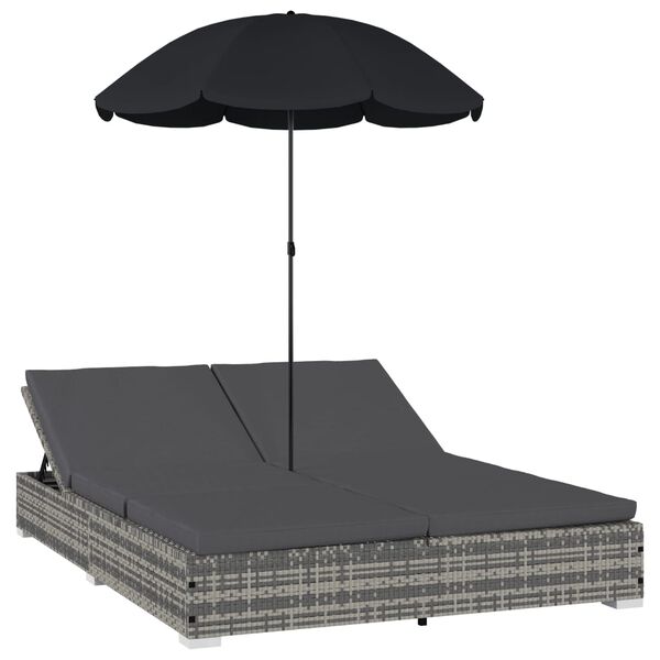 vidaXL Chaise longue d'extérieur avec parasol Résine tressée Gris