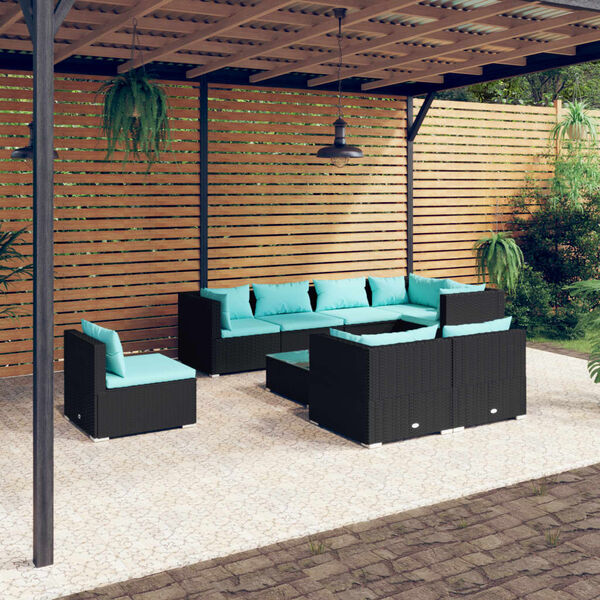 vidaXL Salon de jardin 9 pcs avec coussins R&eacute;sine tress&eacute;e Noir