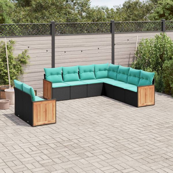 vidaXL Salon de jardin 9 pcs avec coussins noir résine tressée