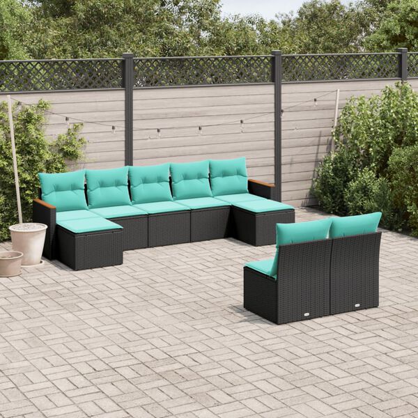 vidaXL Salon de jardin 9 pcs avec coussins noir r&eacute;sine tress&eacute;e