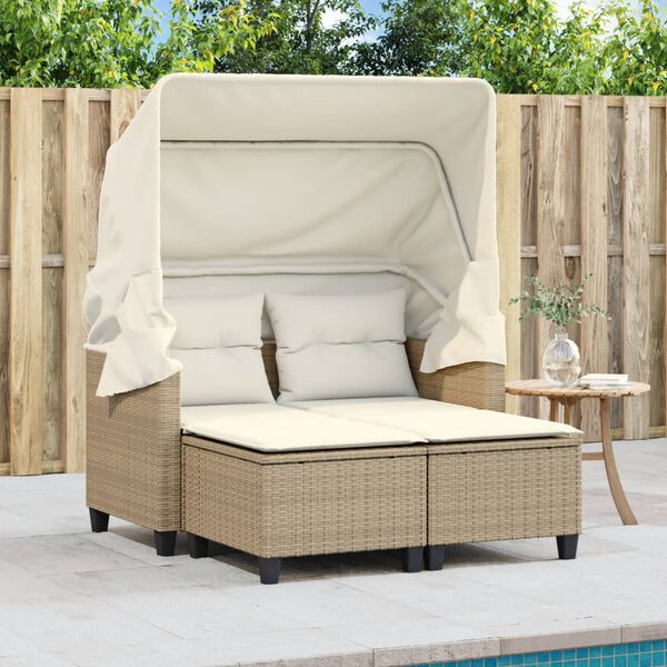 vidaXL Canap&eacute; de jardin 2 places avec auvent et tabourets beige rotin