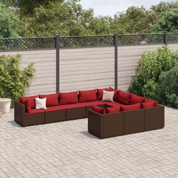 vidaXL Salon de jardin 10 pcs avec coussins marron r&eacute;sine tress&eacute;e