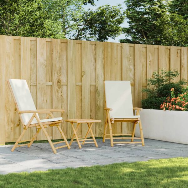 vidaXL Ensemble de bistro pliante 3 pcs et coussins blanc crème bambou