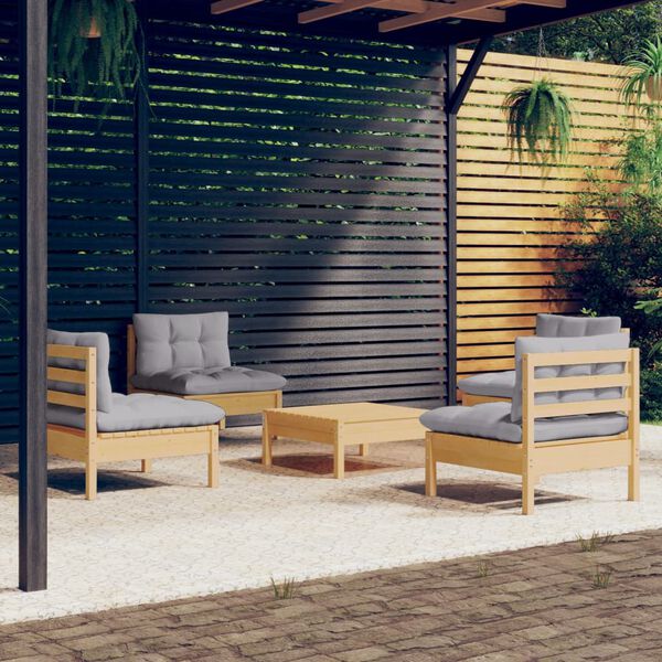 vidaXL Salon de jardin 5 pcs avec coussins gris bois de pin