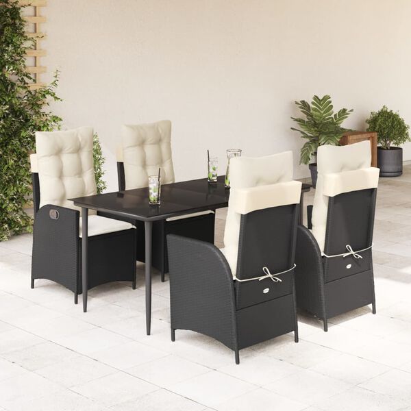 vidaXL Ensemble &agrave; manger de jardin coussins 5pcs Noir R&eacute;sine tress&eacute;e