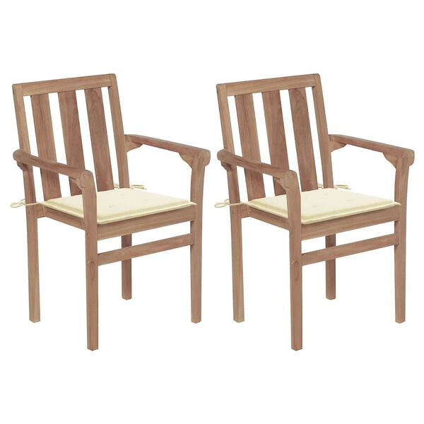 vidaXL Chaises de jardin lot de 2 et coussins cr&egrave;me Bois teck massif
