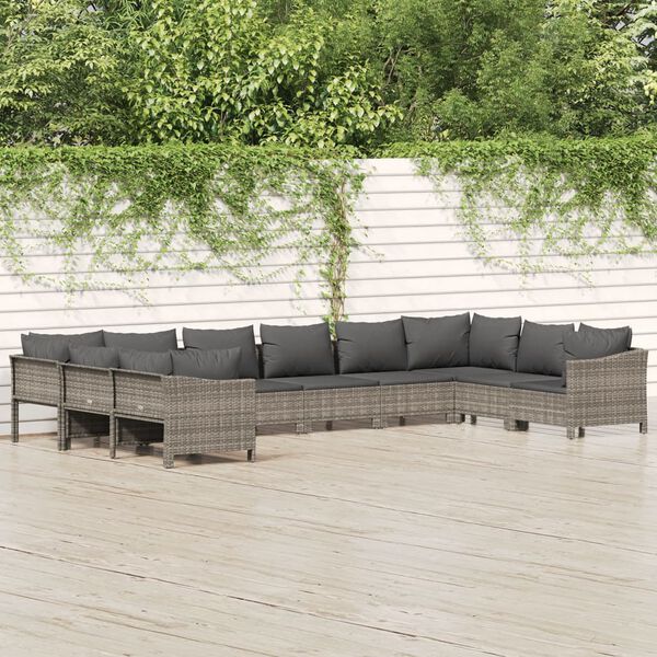 vidaXL Salon de jardin 10 pcs avec coussins Gris R&eacute;sine tress&eacute;e