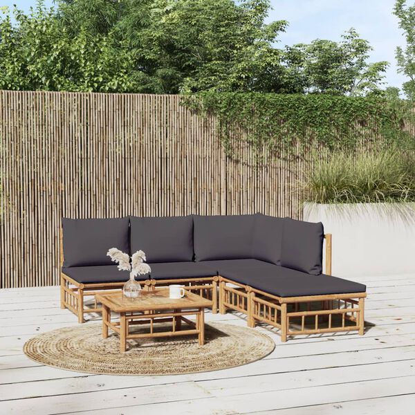vidaXL Salon de jardin 6 pcs avec coussins gris fonc&eacute; bambou
