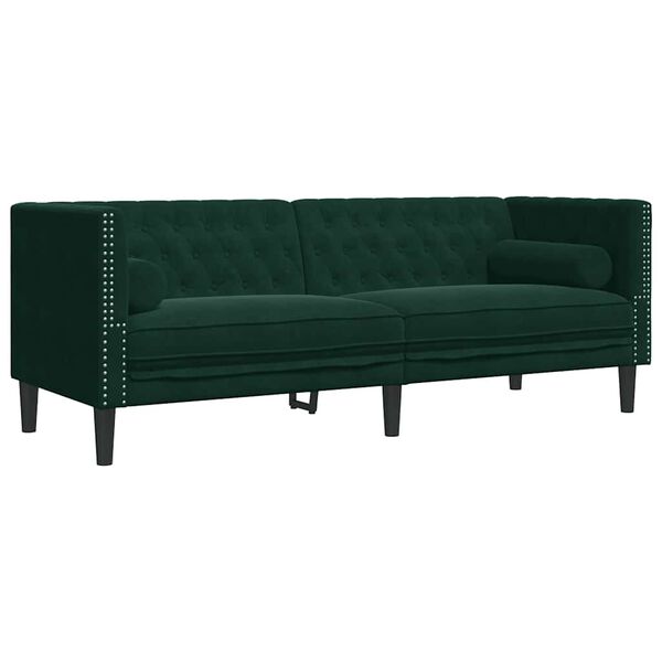 vidaXL Canapé Chesterfield avec traversins 3 places vert foncé velours