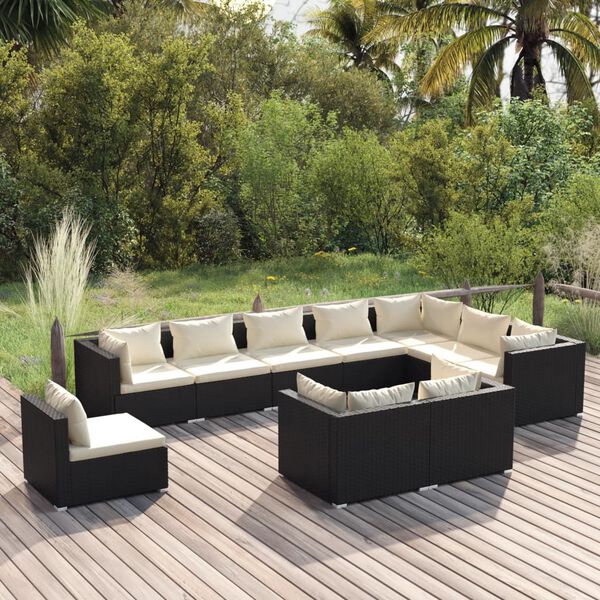vidaXL Salon de jardin 10 pcs avec coussins R&eacute;sine tress&eacute;e Noir