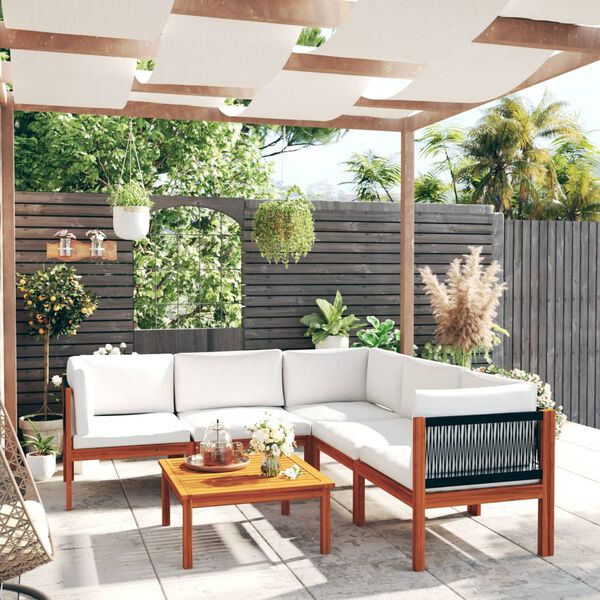 vidaXL Salon de jardin 6 pièces avec coussins, bois d'acacia crème et corde