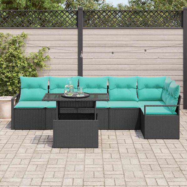 vidaXL Ensemble de canap&eacute; de jardin 7 pcs Noir et Bleu polyrotin