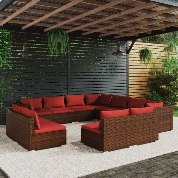 vidaXL Salon de jardin 11 pcs avec coussins Marron R&eacute;sine tress&eacute;e