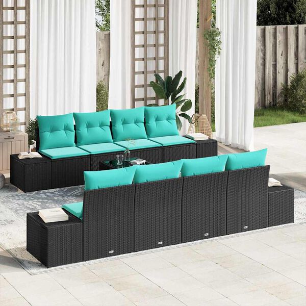 vidaXL Ensemble de canap&eacute; de jardin 9 pcs Noir et turquoise polyrotin