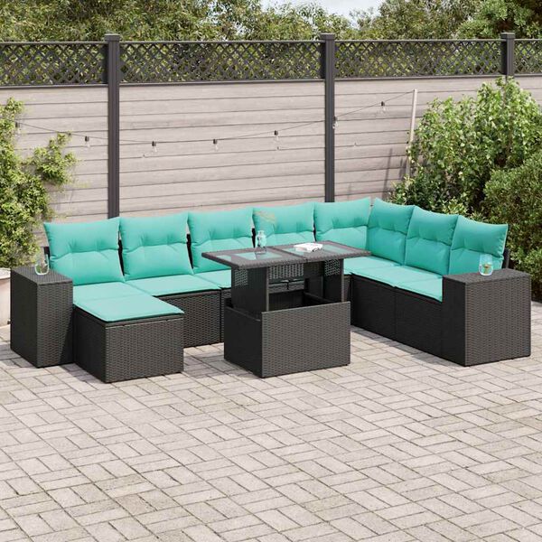 vidaXL Salon de jardin avec coussins 9 pcs noir r&eacute;sine tress&eacute;e acacia