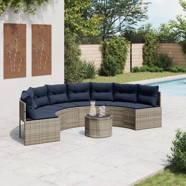 vidaXL Canap&eacute; de jardin et table et coussins demi-rond gris poly rotin
