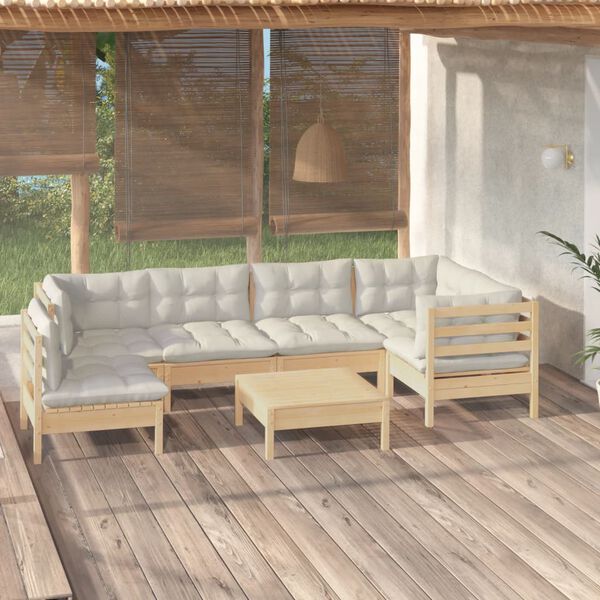 vidaXL Salon de jardin 7 pcs avec coussins cr&egrave;me bois de pin