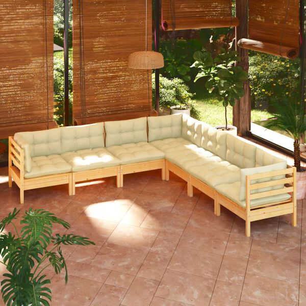 vidaXL Salon de jardin 7 pcs avec coussins cr&egrave;me bois de pin massif