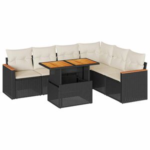 vidaXL Salon de jardin avec coussins 7 pcs noir r&eacute;sine tress&eacute;e acacia