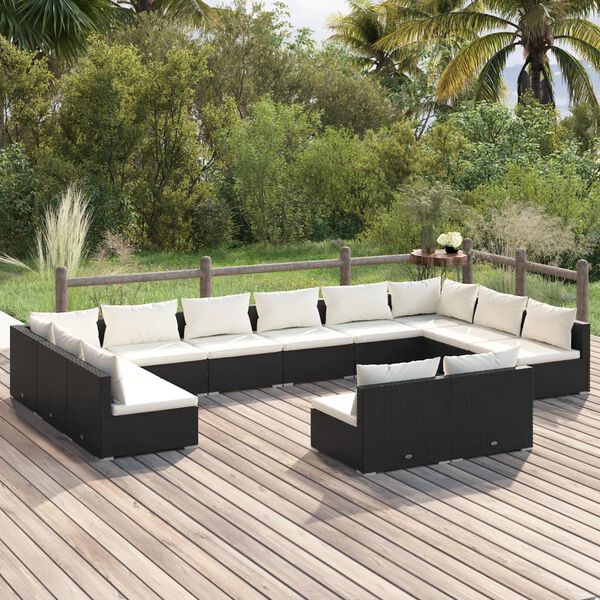 vidaXL Salon de jardin 12 pcs avec coussins Noir R&eacute;sine tress&eacute;e