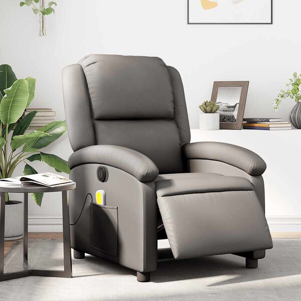 vidaXL Fauteuil inclinable de massage électrique gris cuir véritable