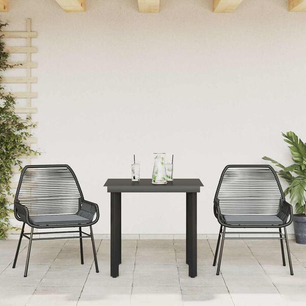 vidaXL Ensemble &agrave; manger de jardin et coussins 3 pcs noir rotin verre