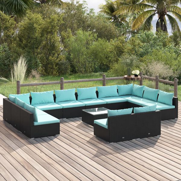 vidaXL Salon de jardin 13 pcs avec coussins Noir R&eacute;sine tress&eacute;e
