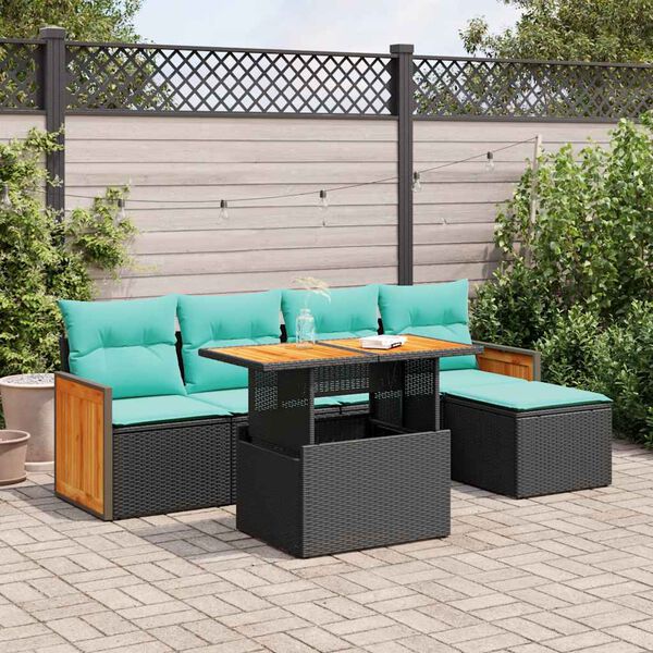 vidaXL Salon de jardin 6 pcs avec coussins noir r&eacute;sine tress&eacute;e acacia