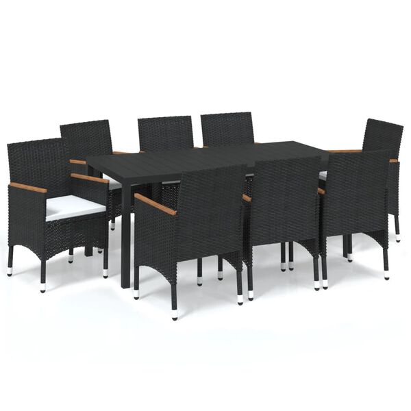 vidaXL Ensemble &agrave; manger de jardin coussins 9pcs R&eacute;sine tress&eacute;e Noir