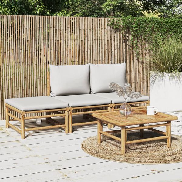 vidaXL Salon de jardin 4 pcs avec coussins gris clair bambou
