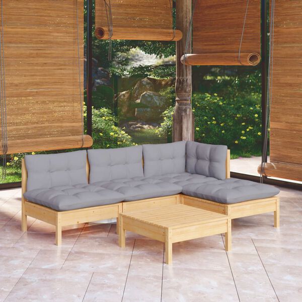 vidaXL Salon de jardin 5 pcs avec coussins gris bois de pin