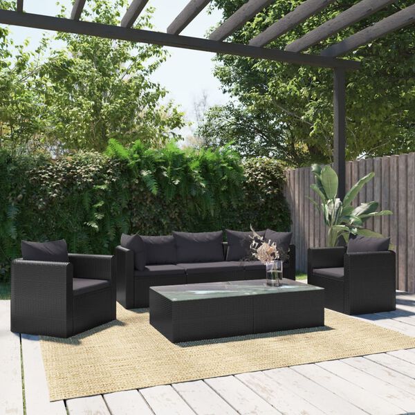 vidaXL Salon de jardin 7 pcs avec coussins R&eacute;sine tress&eacute;e Noir