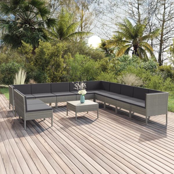 vidaXL Salon de jardin 12 pcs avec coussins R&eacute;sine tress&eacute;e Gris