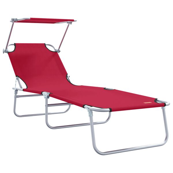 vidaXL Chaise longue pliable avec auvent acier et tissu rouge