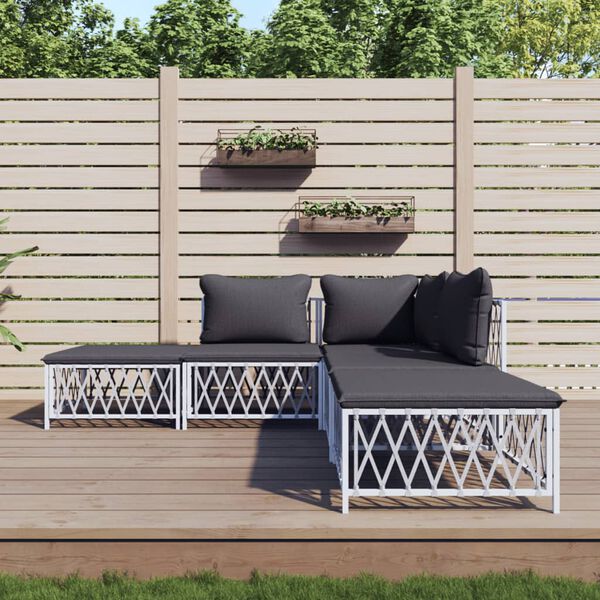 vidaXL Salon de jardin avec coussins 5 pcs blanc acier