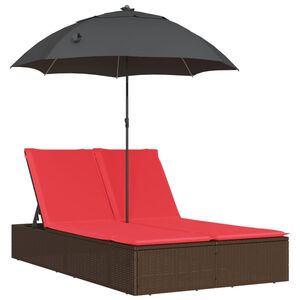 vidaXL Chaise longue double avec coussins et parasol marron poly rotin