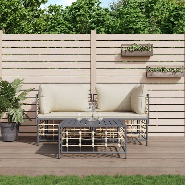 vidaXL Salon de jardin 3 pcs avec coussins anthracite r&eacute;sine tress&eacute;e