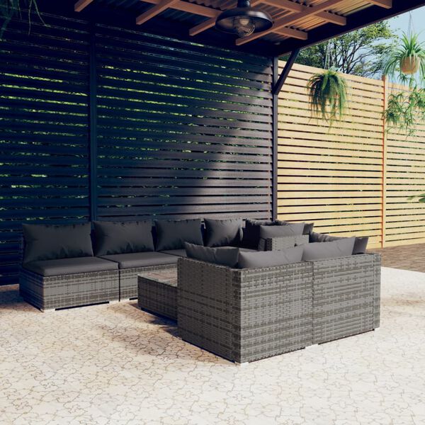 vidaXL Salon de jardin 8 pcs avec coussins Gris R&eacute;sine tress&eacute;e