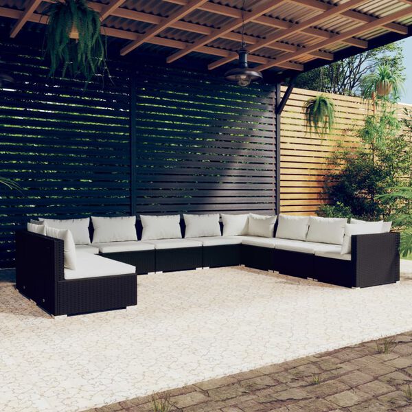 vidaXL Salon de jardin 10 pcs avec coussins noir r&eacute;sine tress&eacute;e