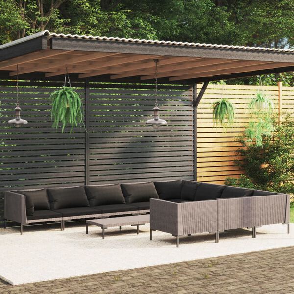 vidaXL Salon de jardin 11 pcs avec coussins R&eacute;sine tress&eacute;e Gris fonc&eacute;