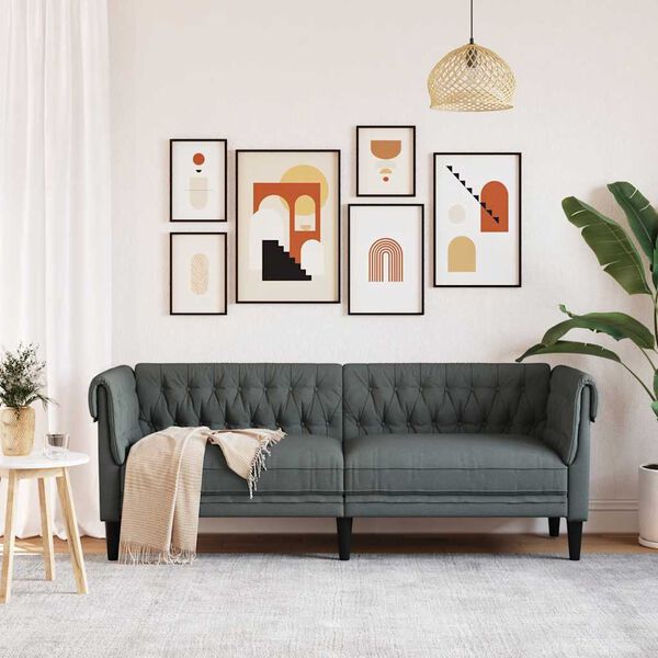 vidaXL Canap&eacute; Chesterfield 3 places gris fonc&eacute; tissu
