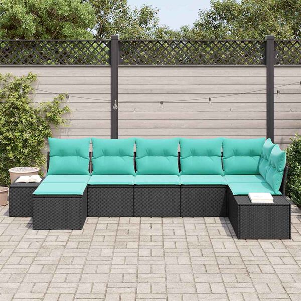 vidaXL Ensemble de canap&eacute; de jardin 7 pcs Noir et turquoise polyrotin
