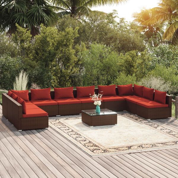 vidaXL Salon de jardin 11 pcs avec coussins R&eacute;sine tress&eacute;e Marron