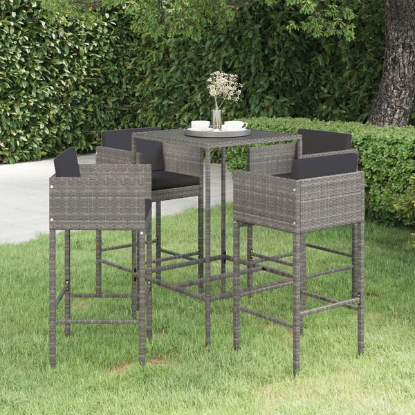 vidaXL Ensemble de bar de jardin 5 pcs et coussins R&eacute;sine tress&eacute;e Gris