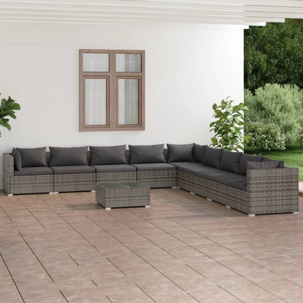 vidaXL Salon de jardin 10 pcs avec coussins R&eacute;sine tress&eacute;e Gris