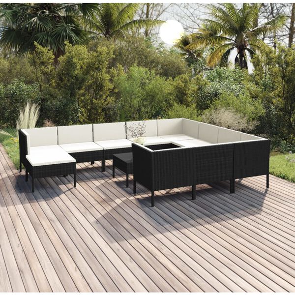 vidaXL Salon de jardin 12 pcs avec coussins r&eacute;sine tress&eacute;e noir