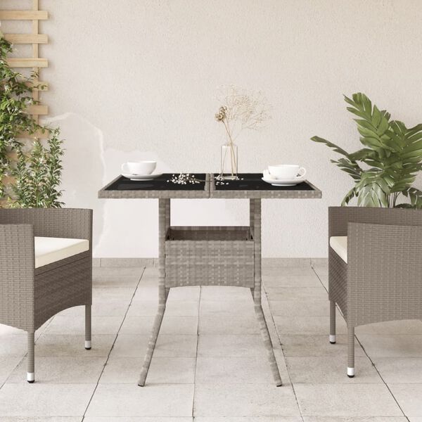vidaXL Table de jardin avec dessus en verre gris clair r&eacute;sine tress&eacute;e